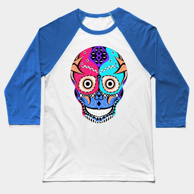 skull and crossbones mask with mexican patterns ecopop Baseball T-Shirt by jorge_lebeau